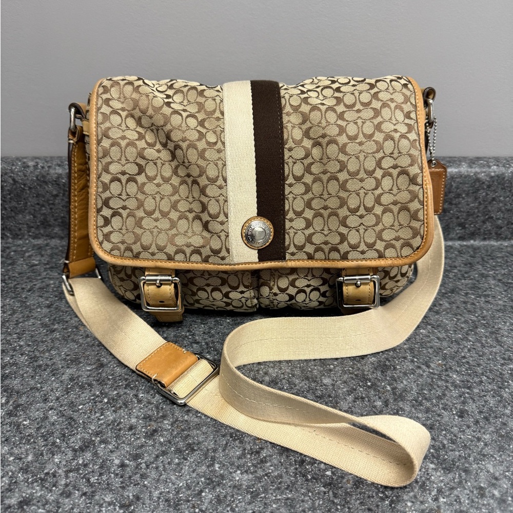 COACH VOYAGER Crossody Messenger Bag Khaki Brown Signature Logo C Design Unisex